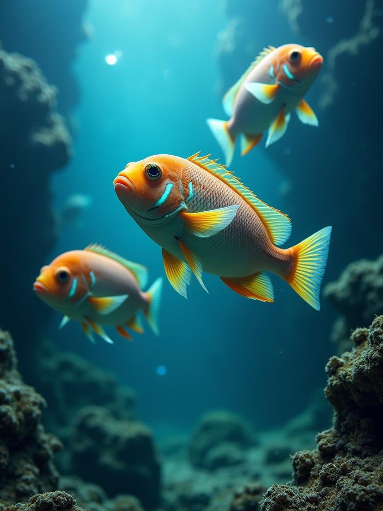 Three orange fish swimming gracefully in clear blue water. Underwater scene with sunlight filtering through. Marine environment with rocks and bubbles. Vibrant colors highlighted in the image. Fish appear playful and curious.