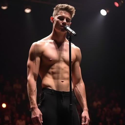 Full body image of a 20 year old fit English boy. He is shirtless and singing on stage. The audience is captivated by his beauty.