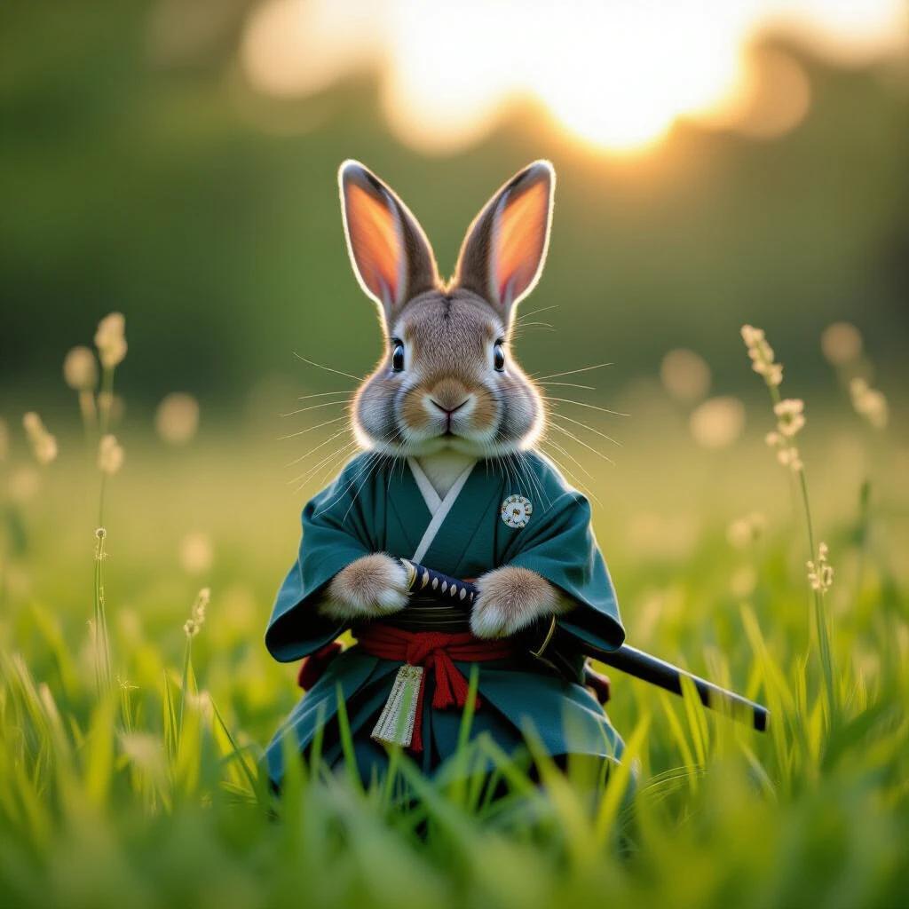 A bunny dressed in a samurai outfit stands in a meadow. The bunny holds a katana and wears traditional clothing. The background features green grass and a warm sunset.