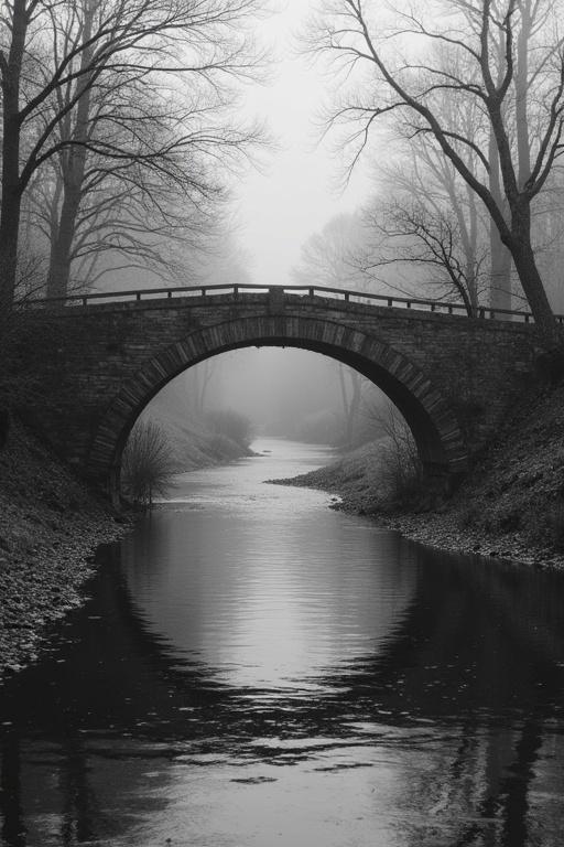 A bridge set in a foggy landscape. Scene captures the arch of the bridge reflected in the still water. Black and white tones dominate the image. Soft lighting enhances the ethereal atmosphere.
