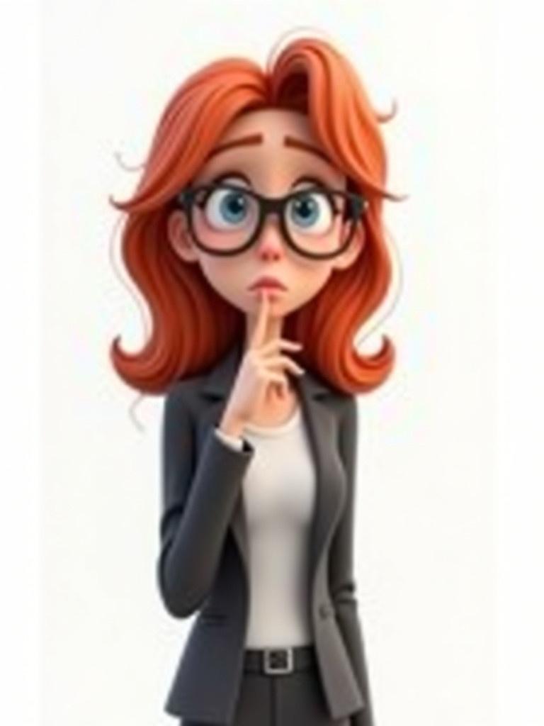 The image shows a cartoon character of a young woman with red hair. She is confused and sad. She wears stylish business clothing. The background is plain white. The character is designed realistically in 3D style. This captures her energy and modern look. The image shows her until the torso.