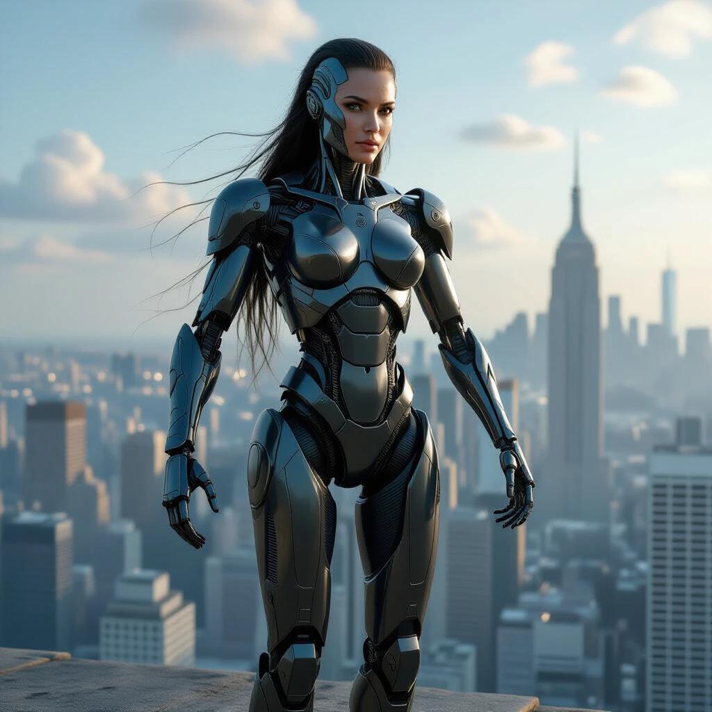 Futuristic humanoid robot overlooking a city skyline during sunset. The robot stands confidently in the foreground, showcasing advanced features and sleek design.