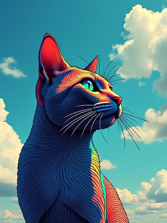 A cat is depicted with photorealistic op art style. The cat's colors include electric blue, neon green, and orange. The background features a sky filled with clouds. The cat looks towards the horizon with a majestic expression.