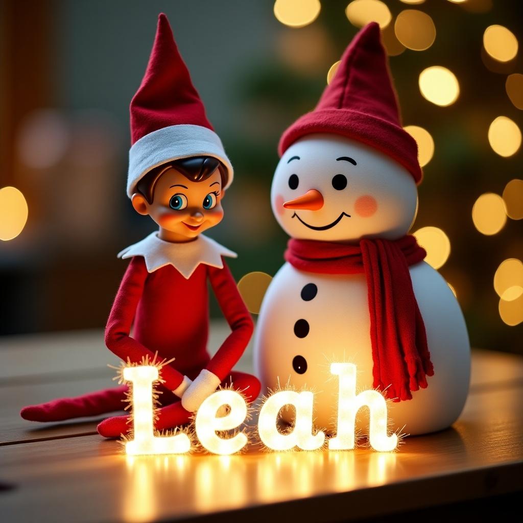 Cheerful elf on the shelf with snowman plays during Christmas. Wooden table with twinkling lights. Elf wears red and white. Snowman has friendly smile with red scarf. Sparkles spell name 'Leah'. Warm inviting holiday spirit.