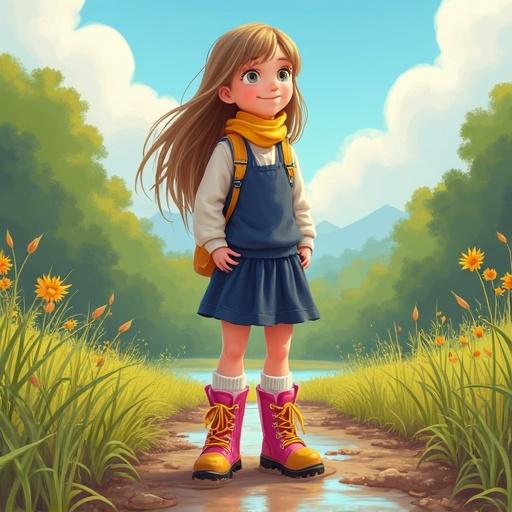 Brittany on a school field trip to a wetlands reserve. She encounters a muddy meadow. Her shoes are very mucky. Cartoon girl with long dark-blonde hair. Wearing yellow scarf, white shirt, navy-blue jumper, navy-blue skirt. Socks and muddy pink knee-high hiking boots with yellow laces and soles.