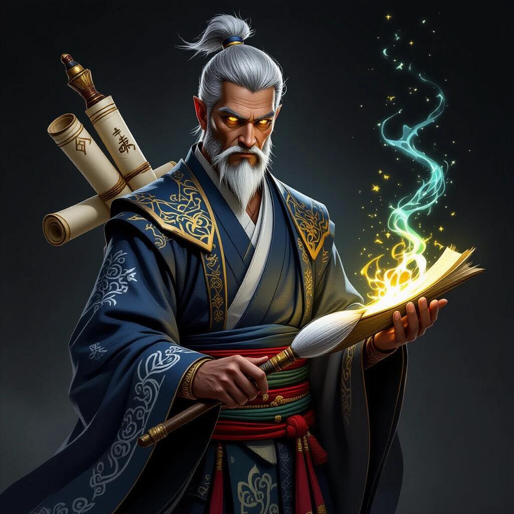 Tall wizard dressed in traditional Asian robes. Features Mediterranean dark skin. Short grayish-white hair bright yellow eyes beardless. Scrolls pinned to his back. Wields a magic brush for casting spells. Confident presence radiates mysticism and wisdom. Intricate patterns cover clothing. Soft magical aura surrounds brush tip. Dark artistic style with high detail.