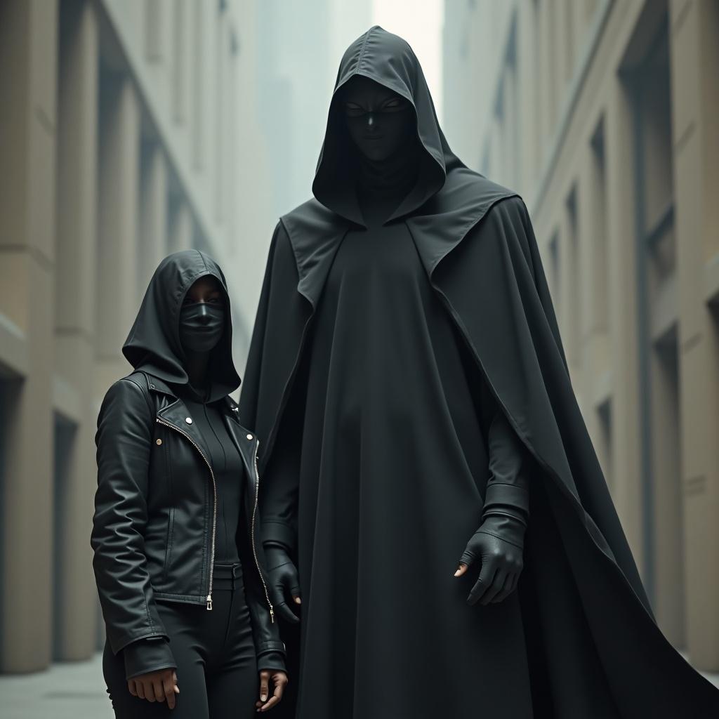 Masked and hooded short woman stands in front of very tall masked and hooded man. Urban setting with dark tones. Highlight height difference. Moody atmosphere.