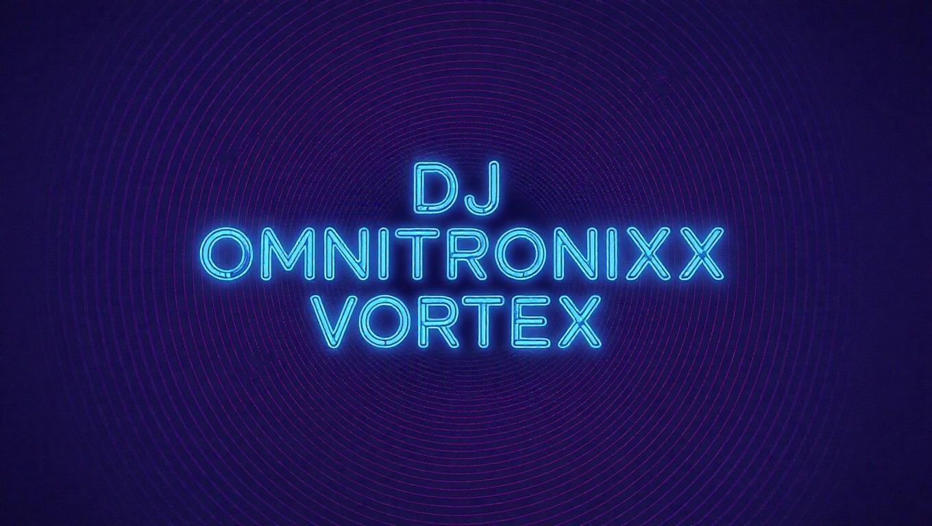 Create a dark neon bedroom album cover featuring bright RGB colors. Include the text in futuristic writing as follows DJ Omnitronixx Vortex.
