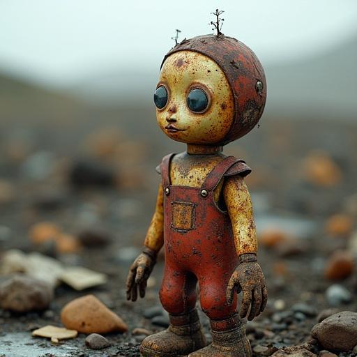 A rusty broken metal doll is sitting at the dump surrounded by debris. The doll features an unusual round head and worn overalls. The background is filled with rocks and refuse, highlighting themes of abandonment and neglect.