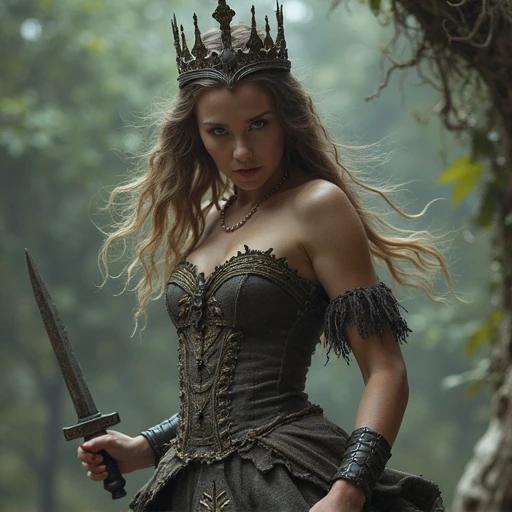 A fierce princess stands strong in a torn dress. She wields a dagger confidently. A crown rests askew on her head. Her expression shows determination and strength.