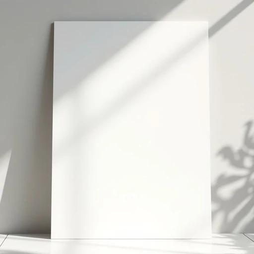A blank white square poster stands against a wall. Natural light fills the space. Soft shadows cast on the floor. Minimalistic and clean aesthetic.