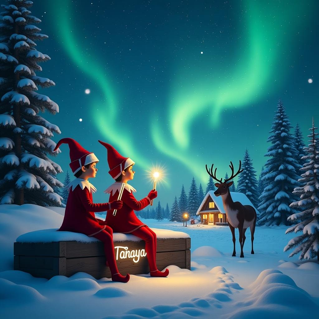 The image features two traditional elves sitting in a snowy forest of the North Pole. They are using glowstick wands to write a name on a wooden sign. The name displayed is 'Tanaja.' The night sky is filled with stars, and the enchanting northern lights dance above them. The elves wear festive holiday outfits, and there are snow-covered pine trees surrounding the scene. A reindeer can be seen in the background, adding to the winter magic of the setting.