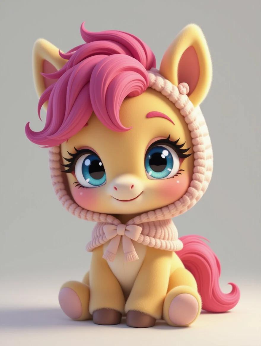 A cute and plush baby pony with big anime eyes. The pony wears a cute hoodie and sits comfortably. The background is a white seamless studio. Soft lighting enhances the look.