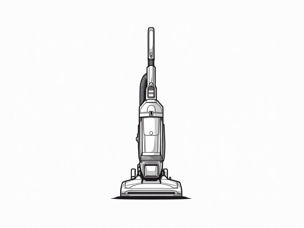 A line drawing style illustration of a modern vacuum cleaner. The vacuum features a sleek, upright design with an elongated handle and a wide base. Detailed elements include a digital display on the handle and cleaning brush at the base. The vacuum is shown from the front perspective, highlighting its clean lines and minimalistic aesthetic. Include arrows or labels to indicate functional parts, emphasizing its usability and advanced features.