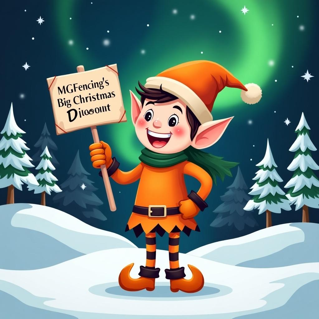 Elf character wears orange clothing. Elf holds a sign that says MGFencing's Big Christmas Discount. Elf has orange and black striped legs. Background features snow-covered trees. Night sky with northern lights is visible. Overall atmosphere is cheerful and festive for Christmas.