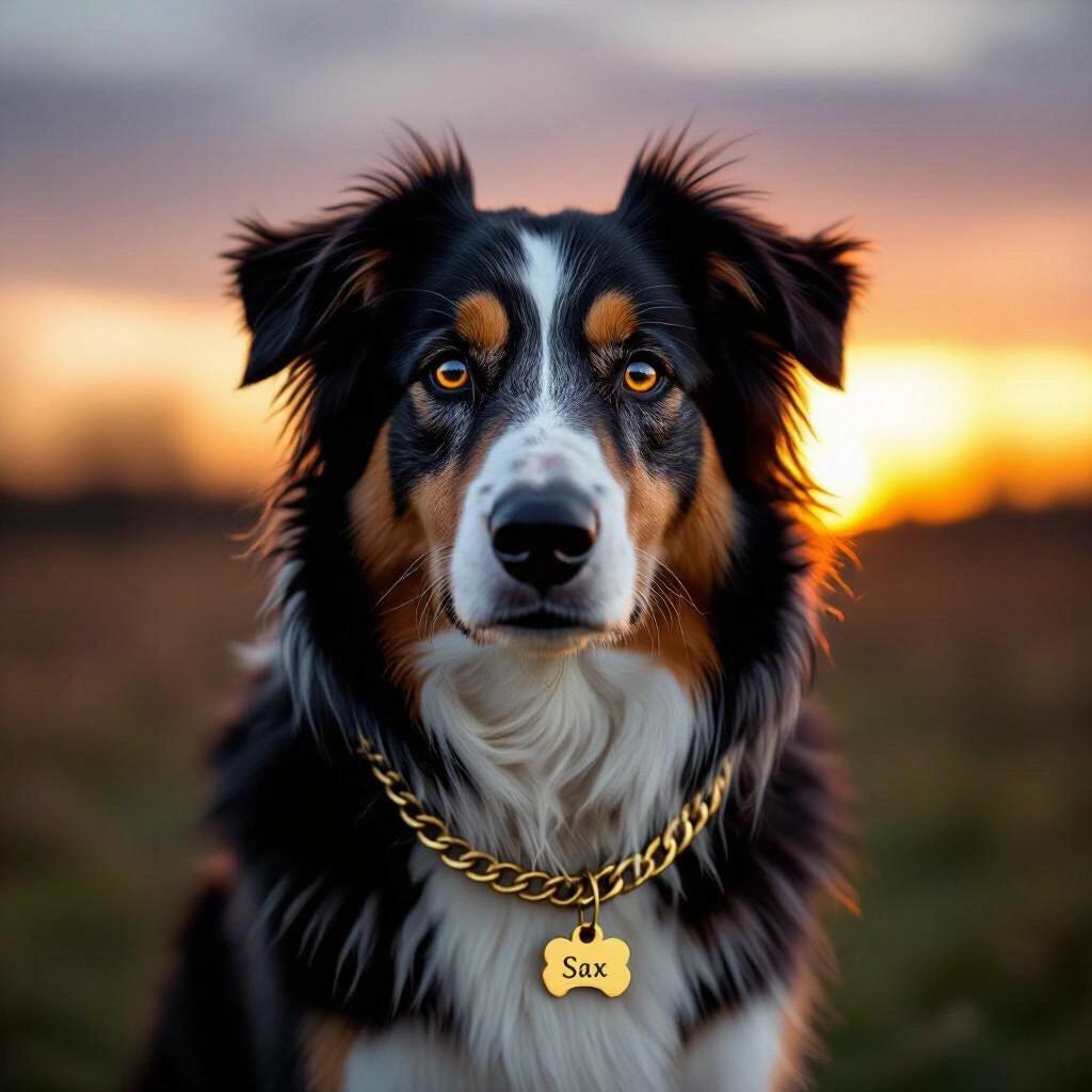 Dark raw photo of an old collie dog at late sunset. Dog wears a gold chain with a name tag that says Sax. Dog looks at the camera.