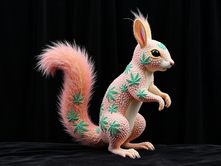Majestic fantasy squirrel sculpture made of multicolored Swarovski crystals. Features glowing cannabis leaf patterns on its fur and tail. Sculpture stands upright in a playful pose. Decorated with dazzling gemstones in pink, green, gold, violet. Set against a black velvet background with studio lighting. Highly detailed with surreal glamor in hyperrealist style.
