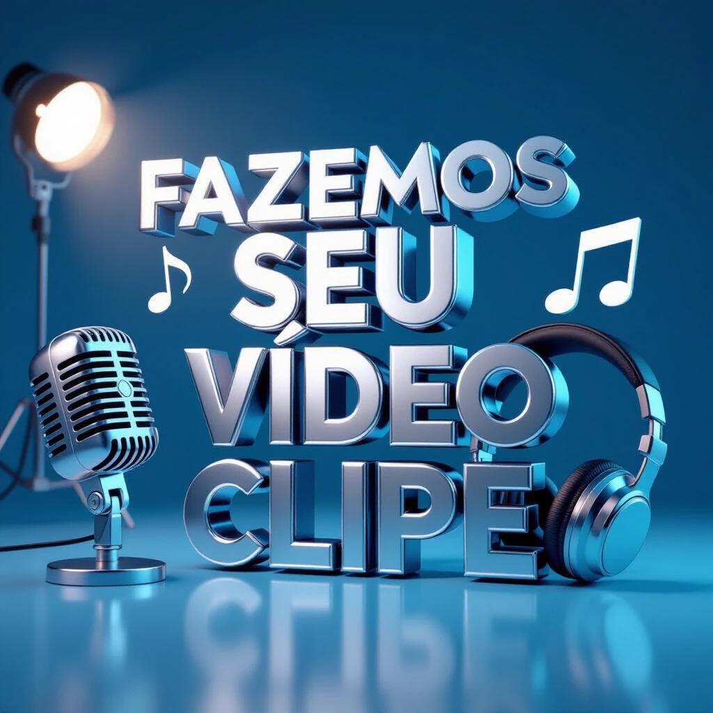 3D text reads 'FAZEMOS SEU VÍDEO CLIPE'. Metallic finish with microphone icon. Headphone icon and notes icon included. Blue and silver colors used. Professional lighting setup in a home setting.