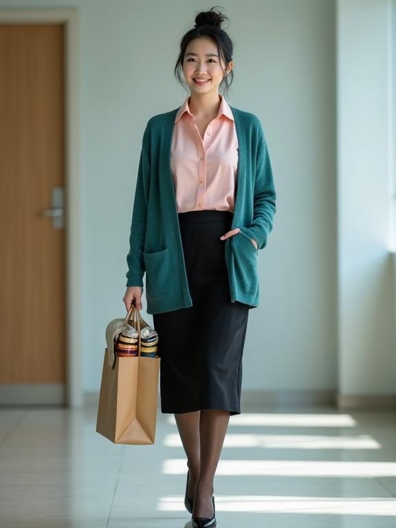 A full body image of a female secretary walking in her company. She holds a bag with bento boxes. She wears a blush-pink blouse and a black knee-length skirt. A teal cardigan is over her outfit. Her pantyhose are dark-brown and she wears black pumps. Her hair is neatly bunned. Light makeup is applied. She has an endearing smile. The lighting in the office is vivid.
