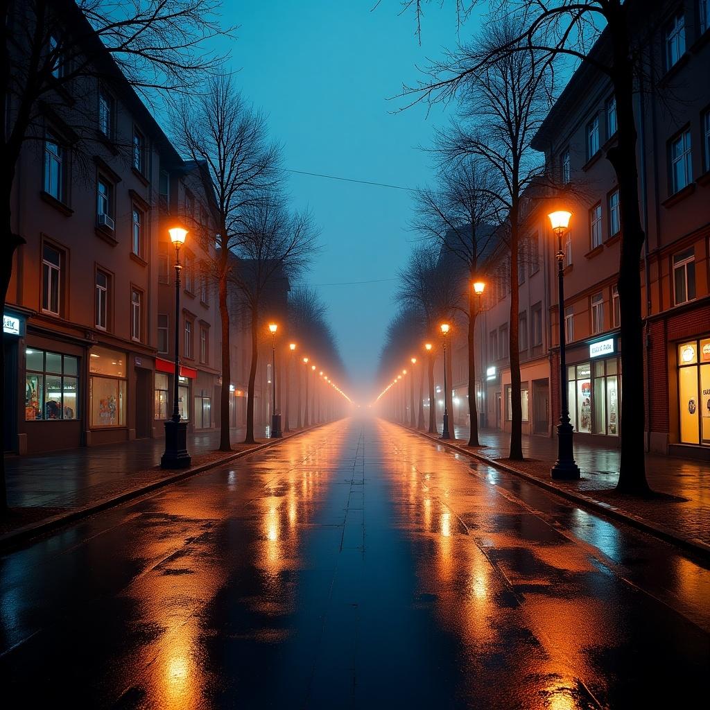 Futuristic image of a street in Hannover Nordstadt with glowing lights and rainy weather in autumn at midnight.