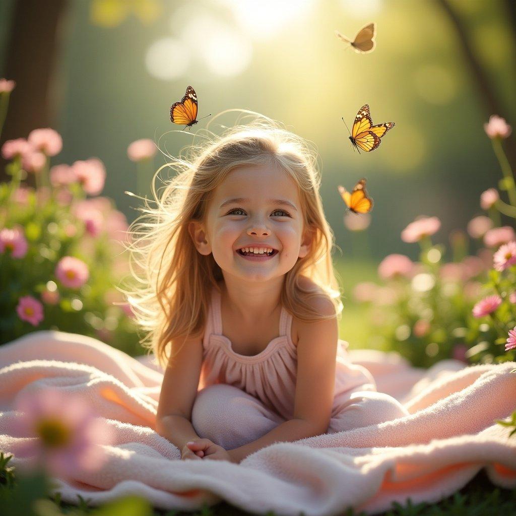 Close-up of young girl's feet in soft lighting. Feet are on a blanket surrounded by flowers and butterflies. Emphasis on natural beauty and care.