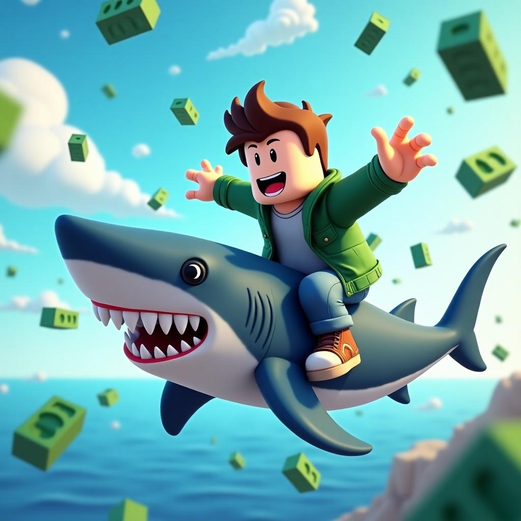 A Roblox noob avatar rides a shark joyfully in an adventurous ocean scene. The avatar has brown spiky hair and is dressed in a green jacket. The scene features falling Robux, representing gaming wealth. The sky is filled with bright colors, enhancing the cheerful atmosphere.
