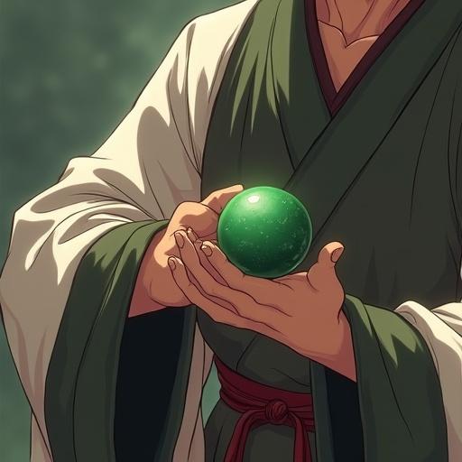 Anime-style image of an ancient Chinese man placing a jade ball into his sleeve. The scene captures the moment with focus on his hands and the jade ball appearance. The background is subtly blurred to enhance the action. His attire features traditional clothing with an emphasis on detail, including a sash. The jade ball glows softly, symbolizing its significance.