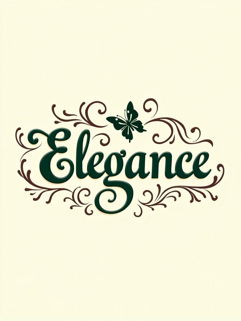 Ornate calligraphy spells the word 'Elegance'. Flourishes adorn the letters. Black text on a light background. Green letters with glossy finish on cream background. Intricate flourishes surrounding the word. Conveys elegance and classic style. Suitable for branding and packaging for creative businesses. Intricate swirls and flourishes add decorative touch. Perfect for artistic endeavors, emphasizing creativity and artistry. Overall look is elegant and visually appealing.