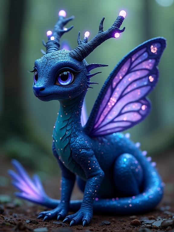 A deep midnight blue creature with glowing aqua blue and purple patterns. Slender body, large intelligent eyes, expressive. Gossamer wings with gradient colors and glowing tips. Antler-like protrusions with bioluminescent nodes. Calm and powerful presence in a dimly lit forest.