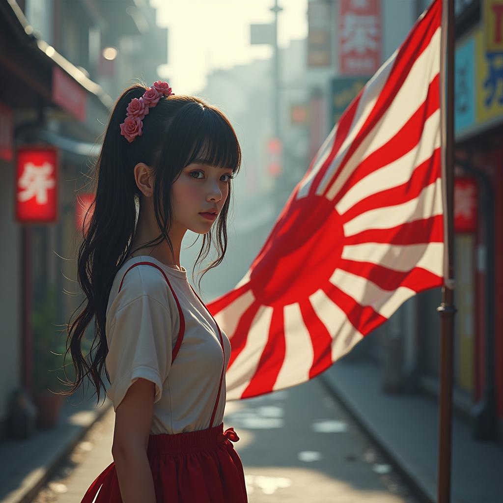 Photorealistic image featuring an 18-year-old woman in Akihabara style. Young woman beside a fluttering rising sun flag in urban setting during morning. Includes hidden black cat in the scene. Detailed, dynamic composition with vibrant colors.