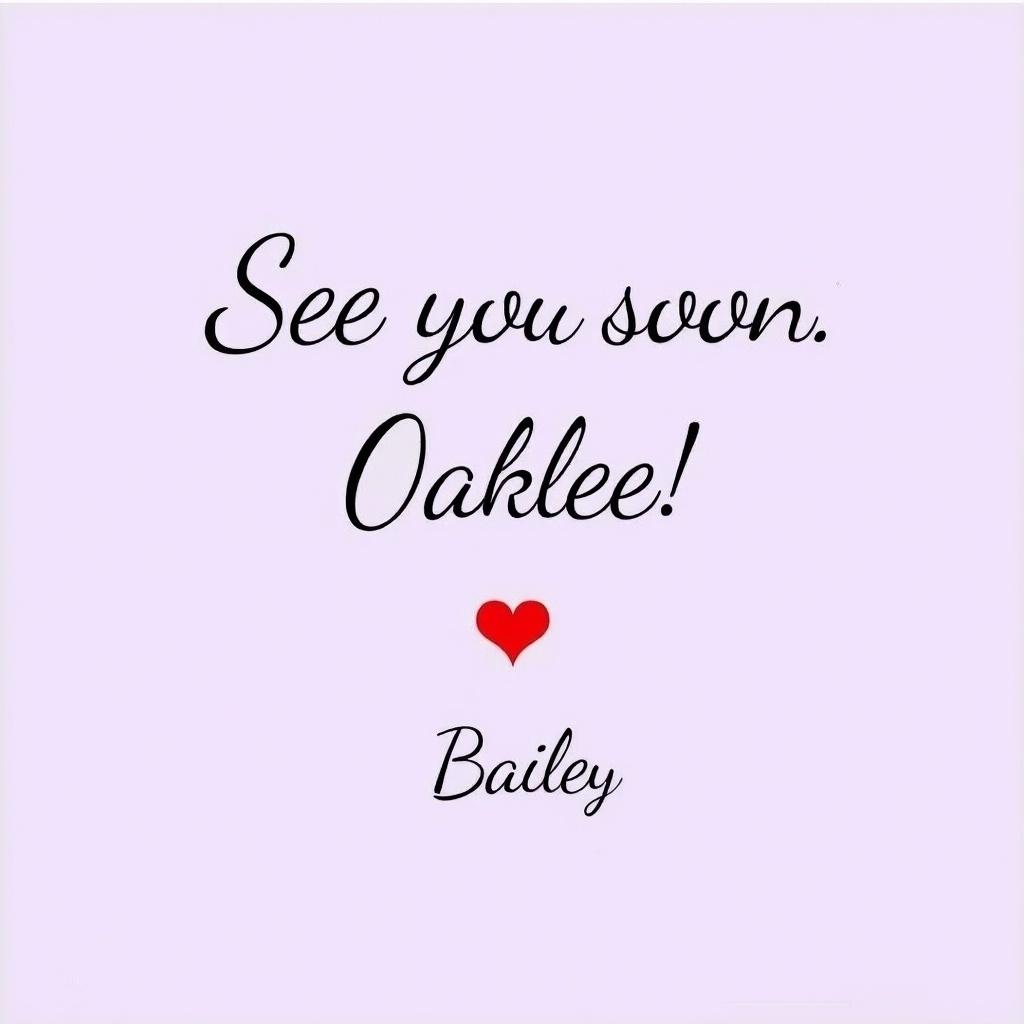 The image features a light pink background with a heartfelt message. It reads 'See you soon. Oaklee!' in stylish font, emphasizing the name with a friendly and affectionate tone. Below this, there's a small heart symbol, indicating warmth and care. The signature 'Bailey' is written in a cursive style, adding a personal touch. This design is perfect for sending love and good wishes to a friend or loved one.