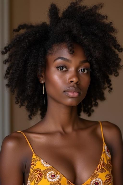 Front-facing portrait of a person with natural curly hair. They have a calm expression and are wearing a yellow floral outfit. The background has soft colors.