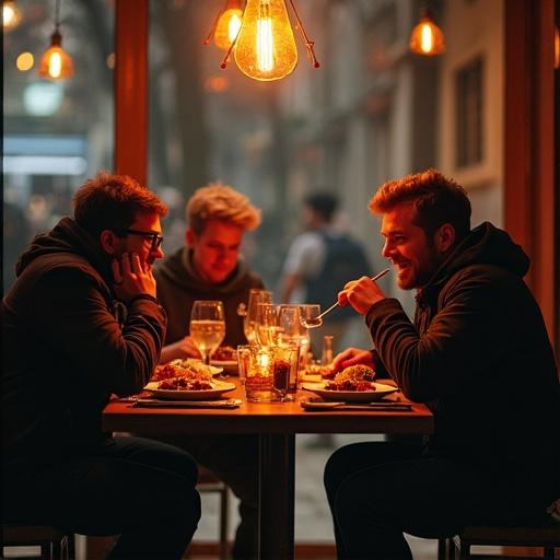 People enjoying a dinner together at a table. Variety of dishes on the table. Warm light creating a cozy atmosphere. Dining in a social setting. Dinner conversation and interaction.