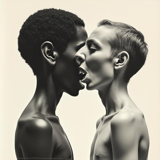 High-resolution collage artwork featuring hyper-realistic human body with oversized mouth whispering to another human body. A large ear added from portraits, soft shadowing for depth against a background. Modern editorial design combining classic textures with pop art elements on crisp off-white paper.