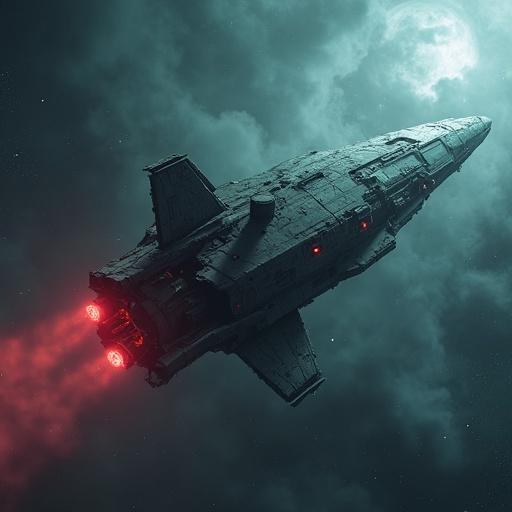 A broken spaceship floating in space. Dark atmosphere and eerie lighting. Spaceship has red lights and a damaged structure.