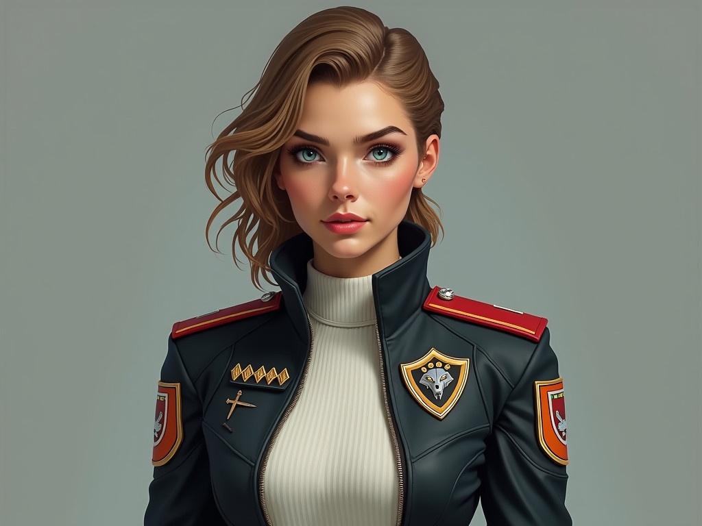 The image depicts a 30-year-old female sci-fi military officer with realistic body proportions. She has sandy brown hair styled neatly, with darker eyebrows and striking blue-green eyes. Her uniform consists of a stylish jacket made from a tough synthetic fabric, worn over a white knit shirt with a flat collar. The jacket features red stripes where patches meet on both shoulders; the right shoulder displays a patch with a white sword over a gold shield on a red background, while the left shoulder features a patch of a three-headed gray wolf, Cerberus, over a gold shield with similar gold broken crescents on a black background. On her right breast, she sports four gold diamonds, signifying her rank as Captain, and on her left breast, a comm-badge shaped like a small gold shield with a white sword is prominently displayed. Completing the look, she wears fitted pants that complement the uniform.