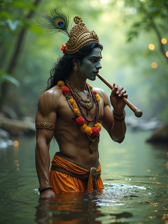 Strong masculine figure inspired by Lord Krishna standing in serene forest river. Natural skin tone and defined features. Wearing a peacock feather crown and traditional jewelry. Holding wooden flute close to mouth. Ambient light filters through lush trees enhancing mystical atmosphere.