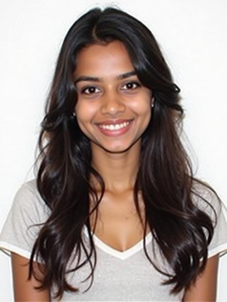 Image of a girl with long dark hair and fair skin on a white background. Appears to be a college student. Portrait format. No visible facial details due to privacy.