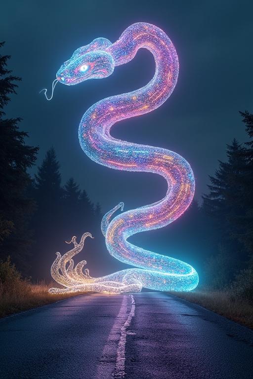 A glowing snake shaped from pure light is floating above a road. The snake shines with rainbow colors. It leaves a melting trail behind. The road is surrounded by trees, creating a mysterious atmosphere.