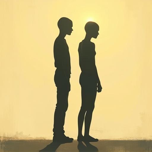 Minimalist representation of two bald humans in silhouette form. Figures are tall and thin with perfect facial outlines. The artwork is inspired by vintage digital painting techniques featuring painterly brush strokes. The color scheme is warm and muted, enhancing a sense of calm. The overall effect resembles an oil painting with soft lighting and gentle transitions.
