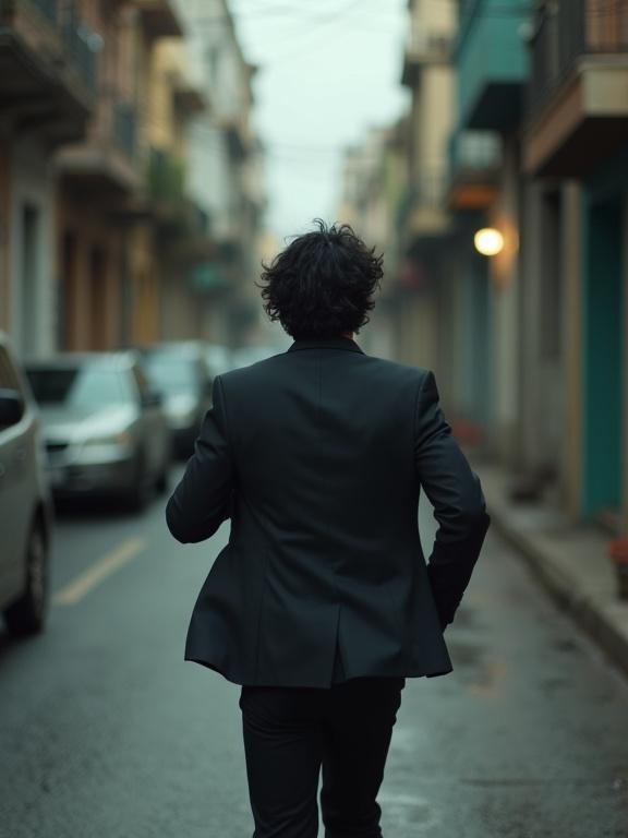 Photorealistic image of a Brazilian man running down a street. The focus is his back with a view back to camera. He wears a dark suit and has short thick black wavy hair. Evokes adventure and mystery with an underlying sense of dread and terror.