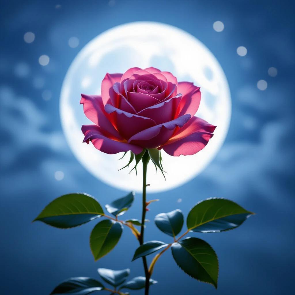 A pink rose illuminated by a full moon at night. The background shows a bright moon surrounded by a subtle night sky. Green leaves contrast with the pink petals. The rose stands tall against the magical atmosphere.