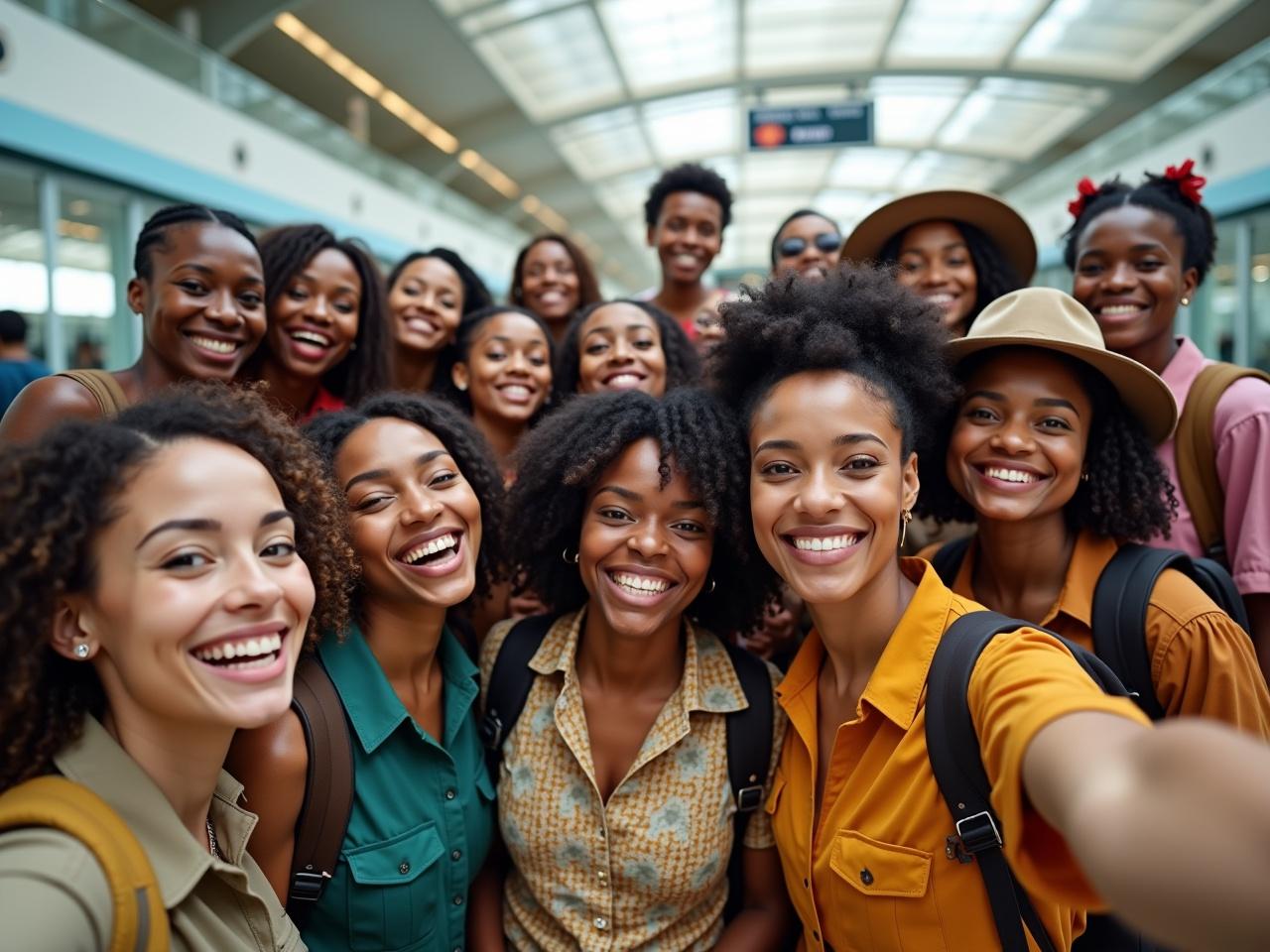 A vibrant group photo of a diverse group of women smiling widely at an airport. They are wearing casual yet stylish outfits, showcasing different textures and colors. The setting appears lively and well-lit, reflecting the excitement of travel and friendship. Their joyful expressions capture a sense of togetherness and empowerment. Some women have curly hair, while others have straight hair, and they all seem to be celebrating a shared experience. The image embodies themes of diversity, connection, and positivity.