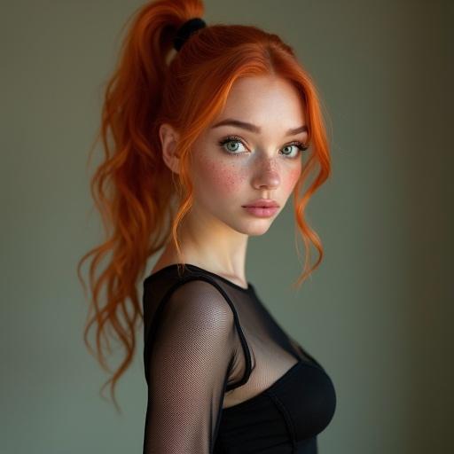 Portrait of a young woman with copper hair in a high ponytail. She has big hazel-green eyes and freckles, wearing a transparent dress. The image captures her in a suggestive pose emphasizing natural beauty.