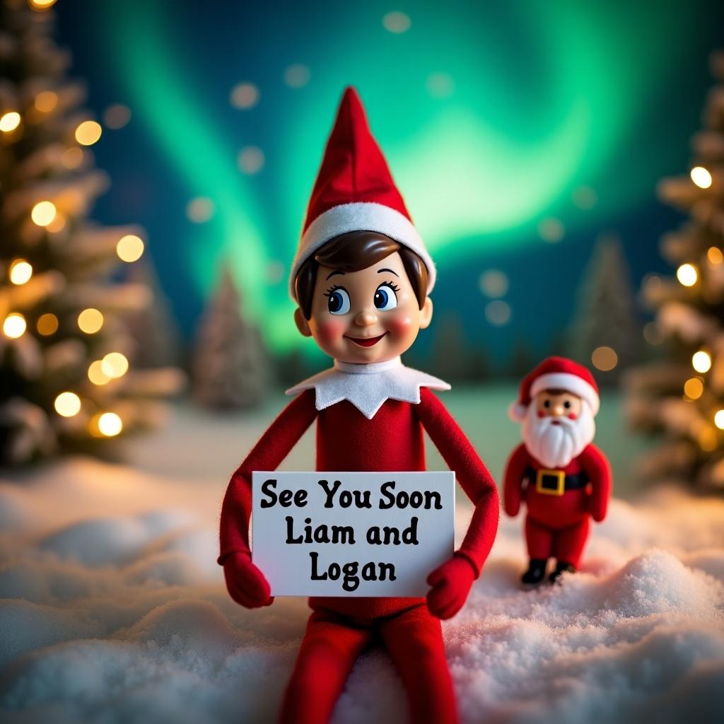 The image features an Elf on the Shelf character holding a sign that reads 'See You Soon Liam and Logan'. The elf is dressed in Christmas colors, set against a backdrop of snow-covered trees and twinkling lights. The magical northern lights illuminate the night sky. A friendly Santa figure stands alongside the elf, creating a warm atmosphere for the holiday season.