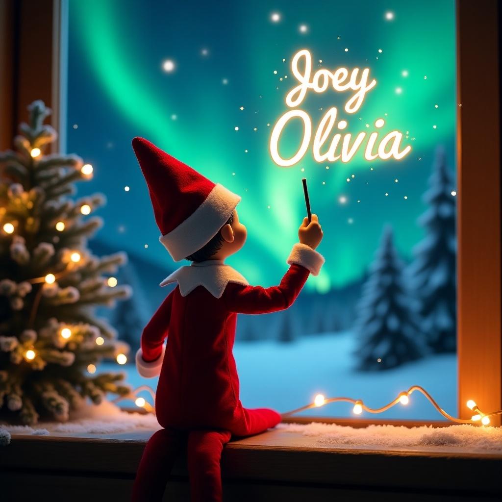 An enchanting Christmas scene features an elf on the shelf. The elf is in red and white, turned towards the night sky, writing names in glowing script. The backdrop showcases vibrant northern lights that fill the sky with color. Snow blankets the ground outside, creating a winter wonderland. String lights twinkle around the elf, enhancing the festive atmosphere. This scene embodies the whimsical spirit of Christmas, evoking feelings of wonder and excitement.