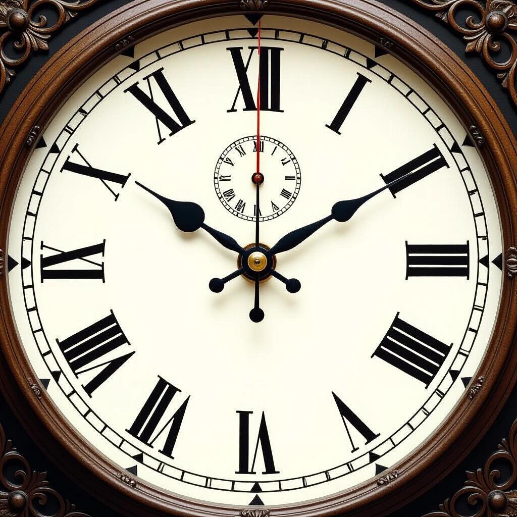 Image shows a classic clock face showing 12 and 7. The clock features Roman numerals. The hour hand points at seven. The minute hand points at twelve. The clock has a wooden frame and intricate designs. The background is light colored.