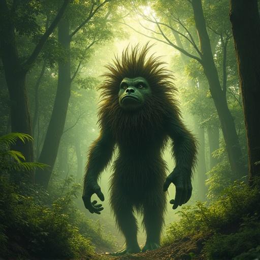 A troll in the forest. Tall furry humanoid creature surrounded by dense trees and foliage. Misty light emanating through the forest. Lush greenery and shadows present in the background.