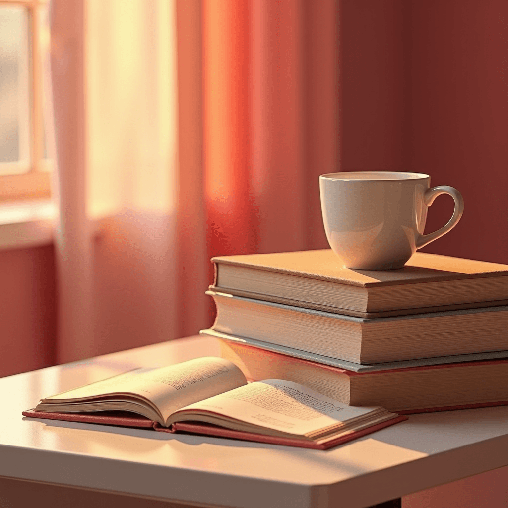 A cozy setup of an open book, stacked books, and a coffee cup basking in warm sunlight.