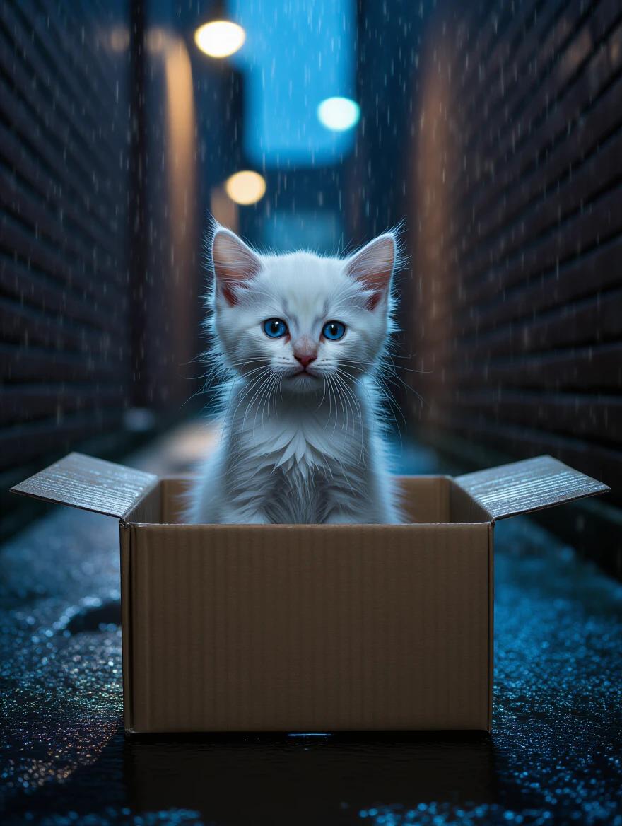 Small white kitten with blue eyes. Wet fur is visible. Kitten is sitting inside a cardboard box. Setting is a dark alley. Rain is falling. Kitten looks scared and cold. Nighttime. Lighting has cinematic quality.